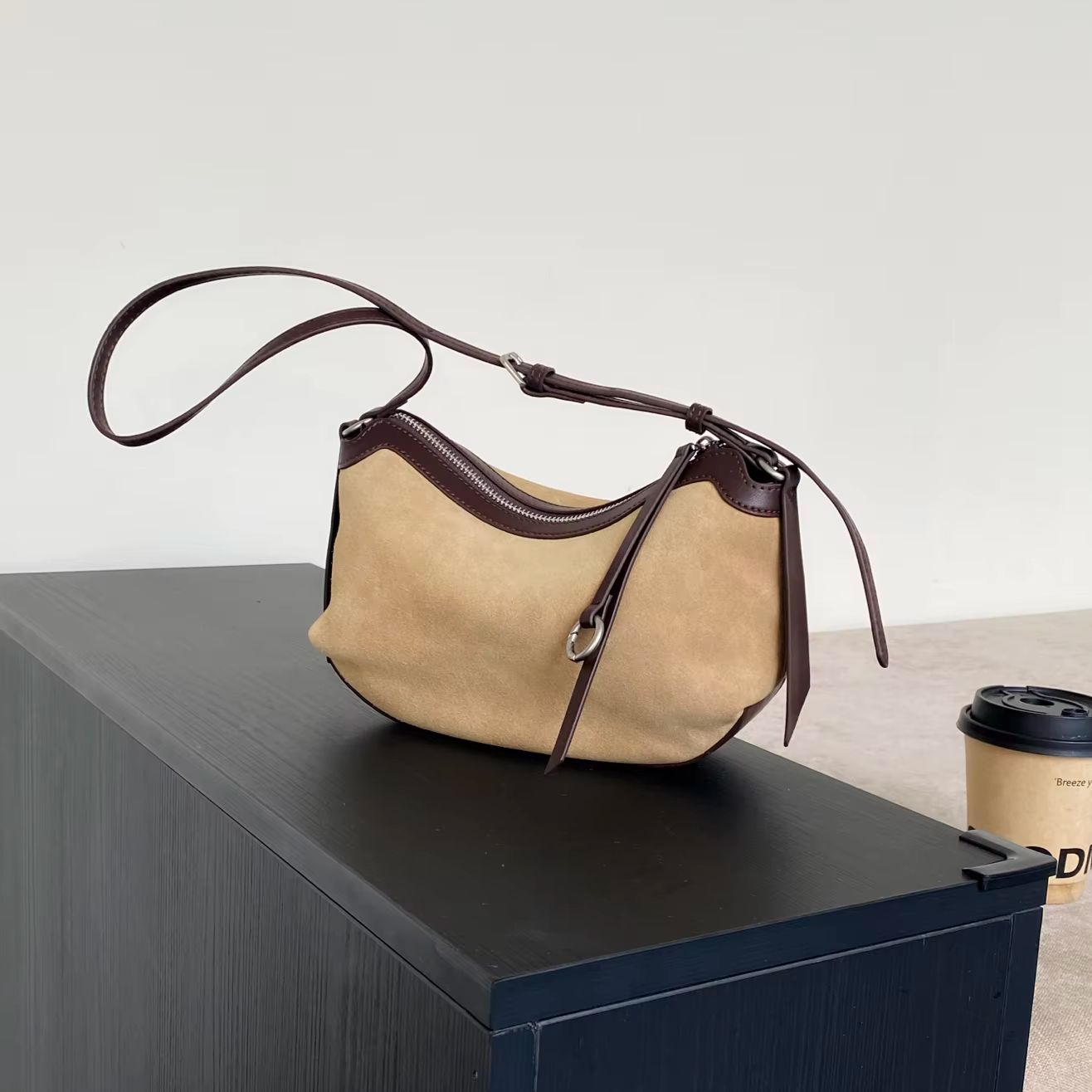 Half Moon Bag Suede - Mat Süet Hakiki Deri Hobo Çanta